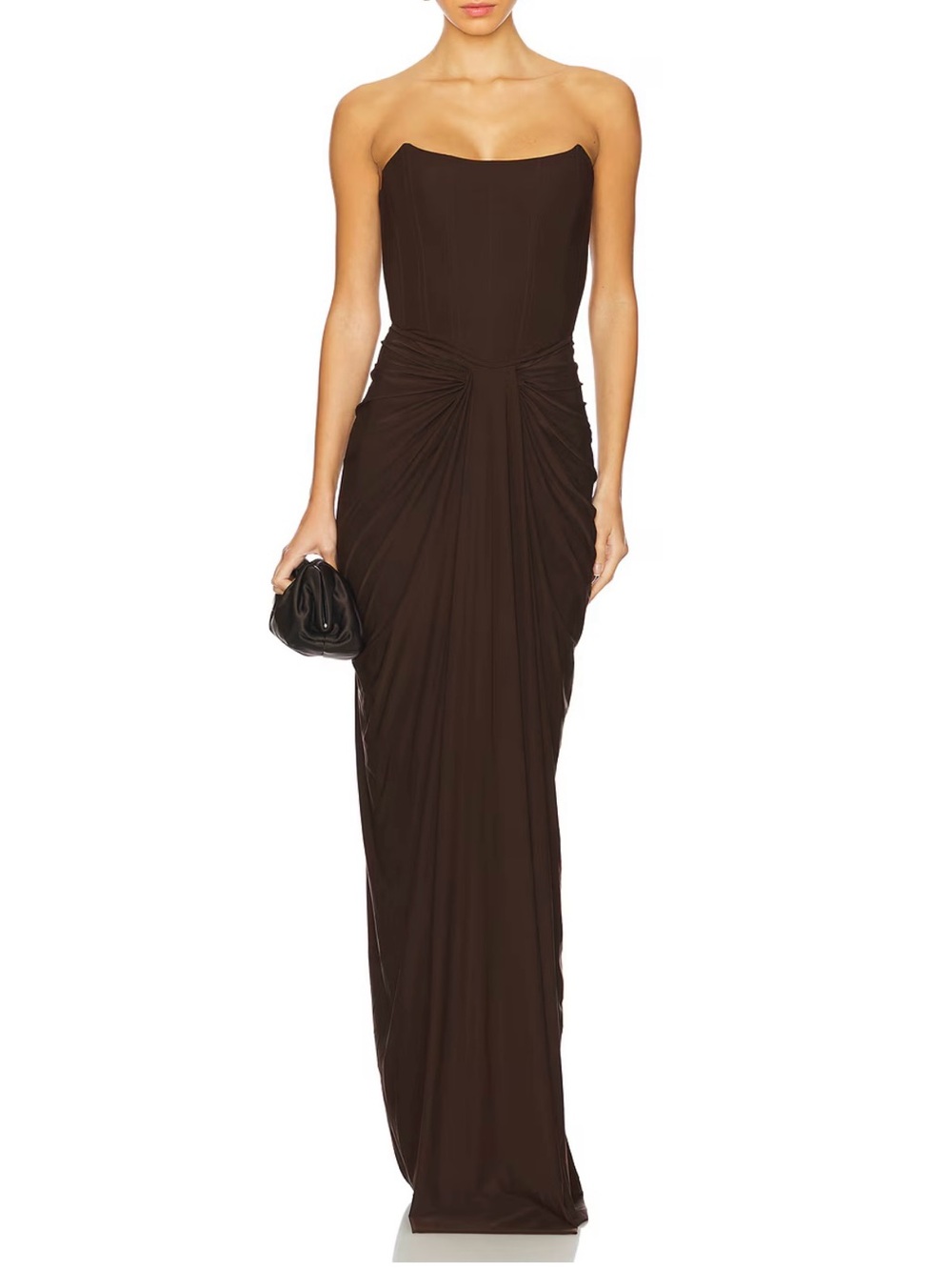 Strapless Ruched Column Gown in Brown